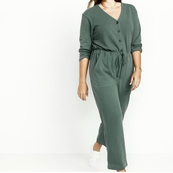 Old Navy Crop French-Terry Utility Jumpsuit Green Comfy Casual Utility M Tall - Picture 1 of 11